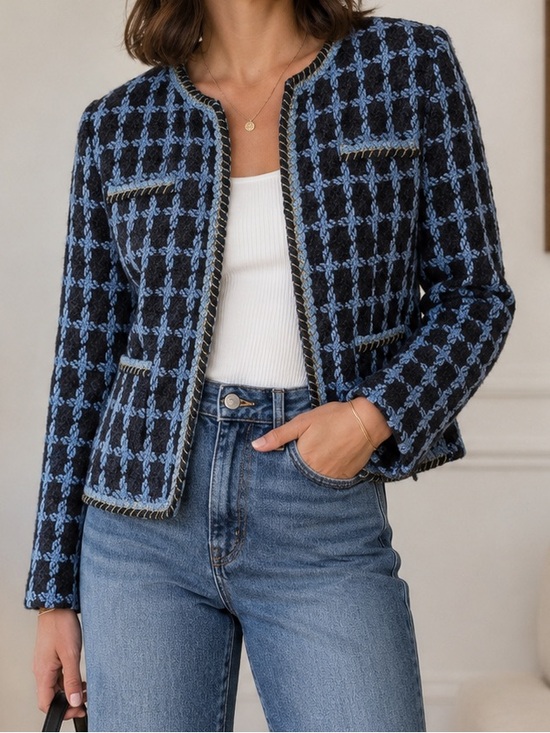 Nanette Lepore Jackets & Blazers - Nanette Lepore Windowpane Blue Tweed Bouclé Jacket Gold Buttons Medium